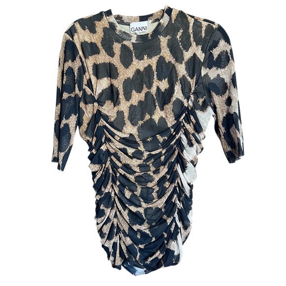 Ganni EUC Women’s Animal Print Sheer Ruched Top size XL - Picture 3 of 11